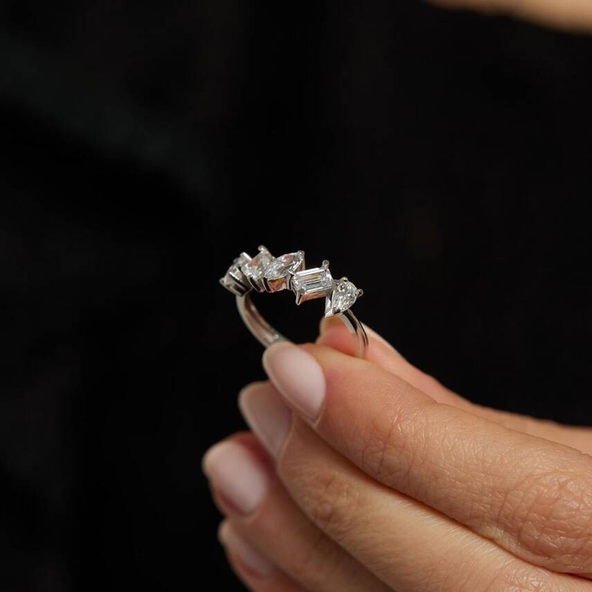 Asimetrik Beştaş Beyaz Altın Yüzük - 2