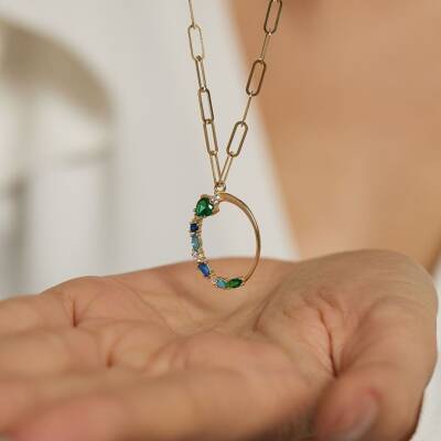 Ataş Zincirli Renkli Taşlı Halka Altın Kolye - 2