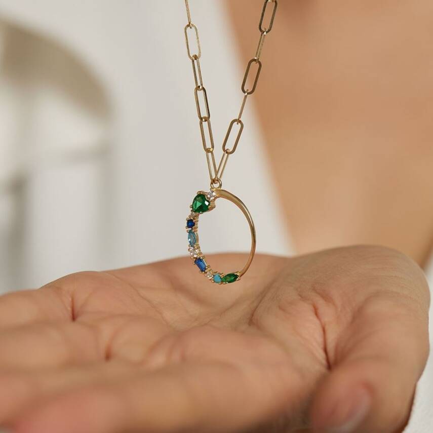 Ataş Zincirli Renkli Taşlı Halka Altın Kolye - 3