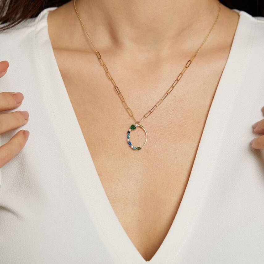 Ataş Zincirli Renkli Taşlı Halka Altın Kolye - Semih Haşhaş Kuyumculuk