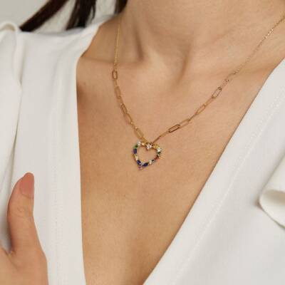 Ataş Zincirli Renkli Taşlı Kalp Altın Kolye - 1