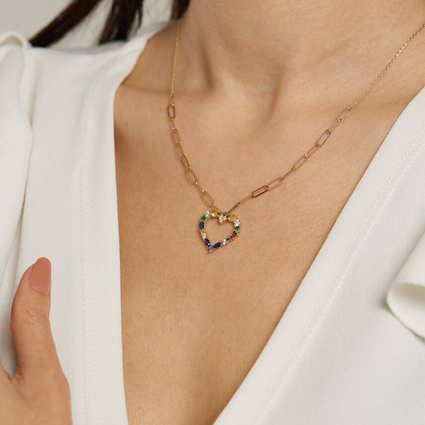 Ataş Zincirli Renkli Taşlı Kalp Altın Kolye - Semih Haşhaş Kuyumculuk