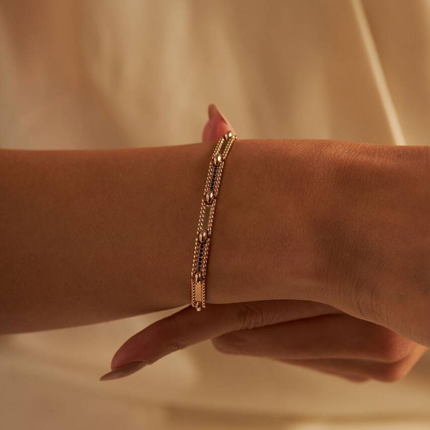 Ayna Model Siyah Taşlı Rose Altın Bileklik - Semih Haşhaş Kuyumculuk