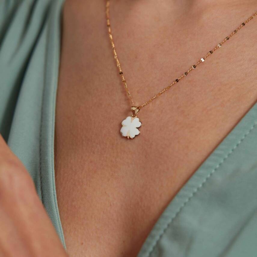 Aynalı Zincirli Beyaz Mineli Yonca Altın Kolye - Semih Haşhaş Kuyumculuk