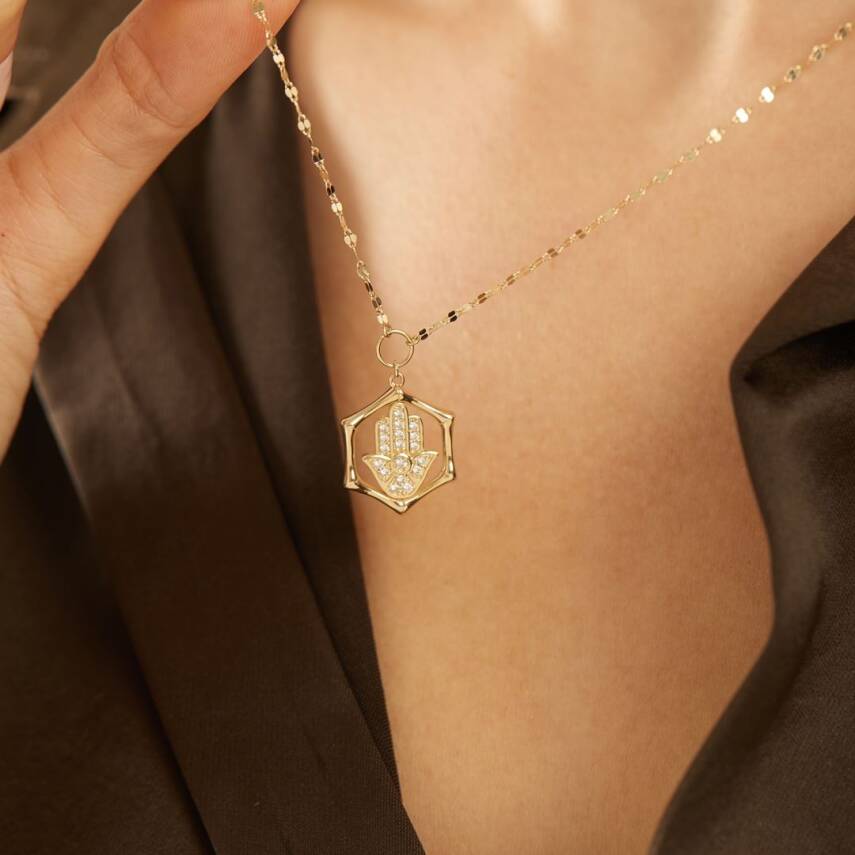 Aynalı Zincirli Taşlı Fatma Ana Eli Altın Kolye - Semih Haşhaş Kuyumculuk (1)