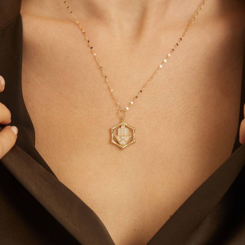 Aynalı Zincirli Taşlı Fatma Ana Eli Altın Kolye - Semih Haşhaş Kuyumculuk