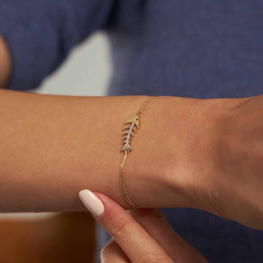 Balık Kılçığı Figürlü Taşlı Altın Bileklik - Semih Haşhaş Kuyumculuk