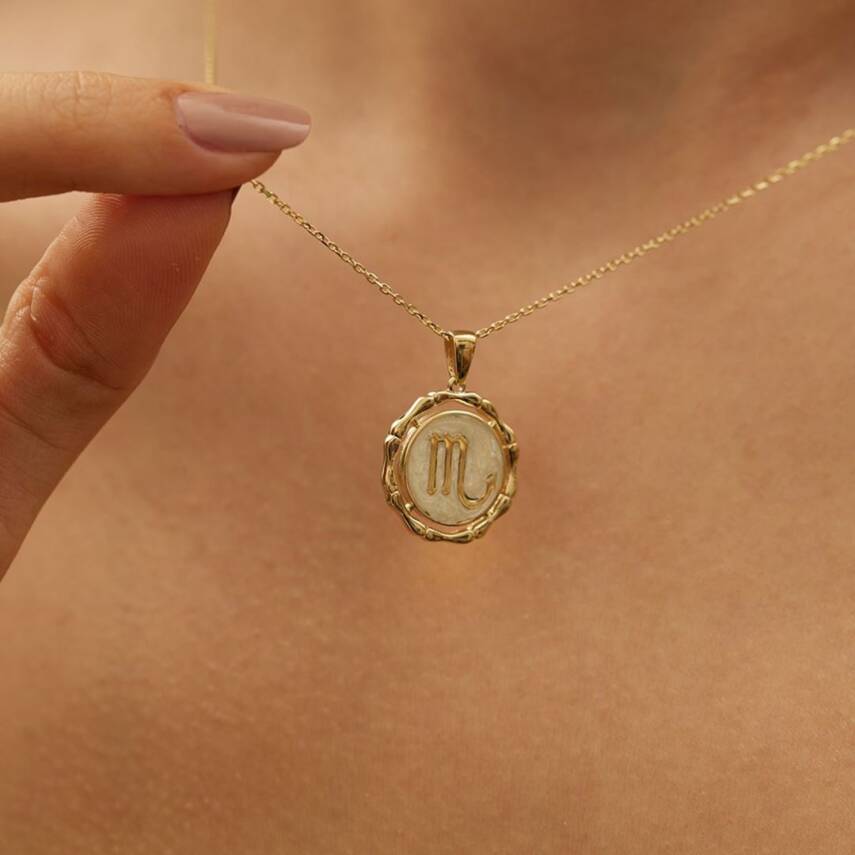 Beyaz Mineli Akrep Burcu Altın Kolye - 2