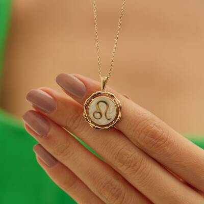 Beyaz Mineli Aslan Burcu Altın Kolye - 1