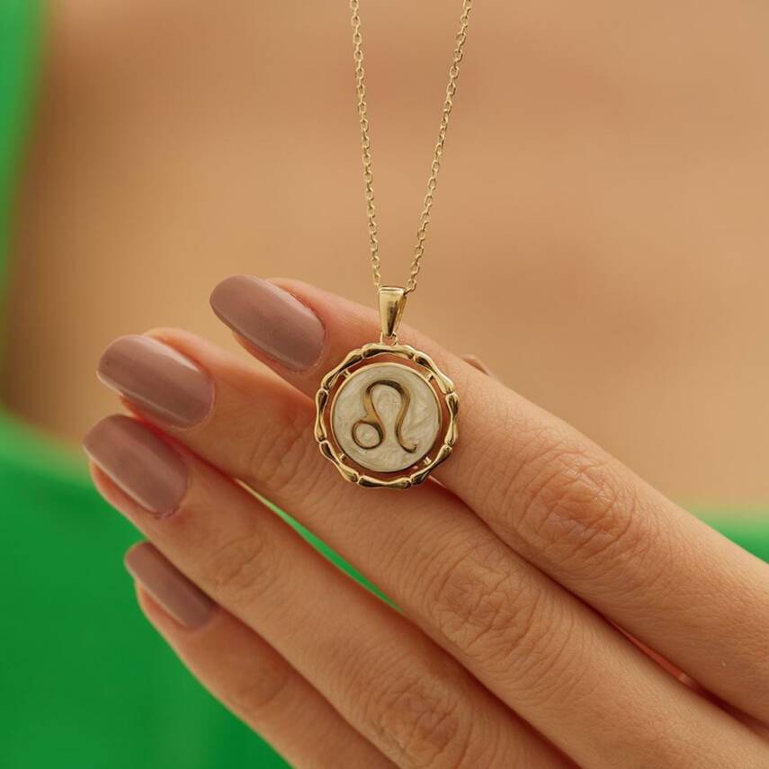 Beyaz Mineli Aslan Burcu Altın Kolye - 1