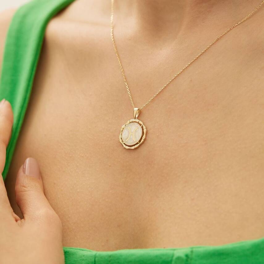 Beyaz Mineli Balık Burcu Altın Kolye - 1