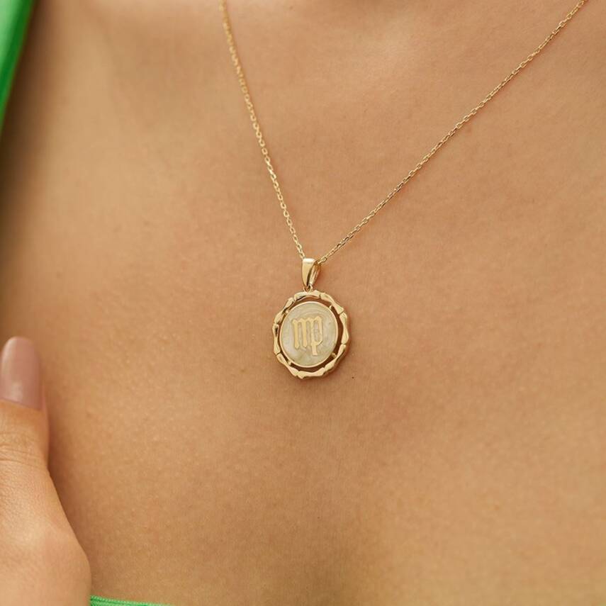 Beyaz Mineli Başak Burcu Altın Kolye - 1