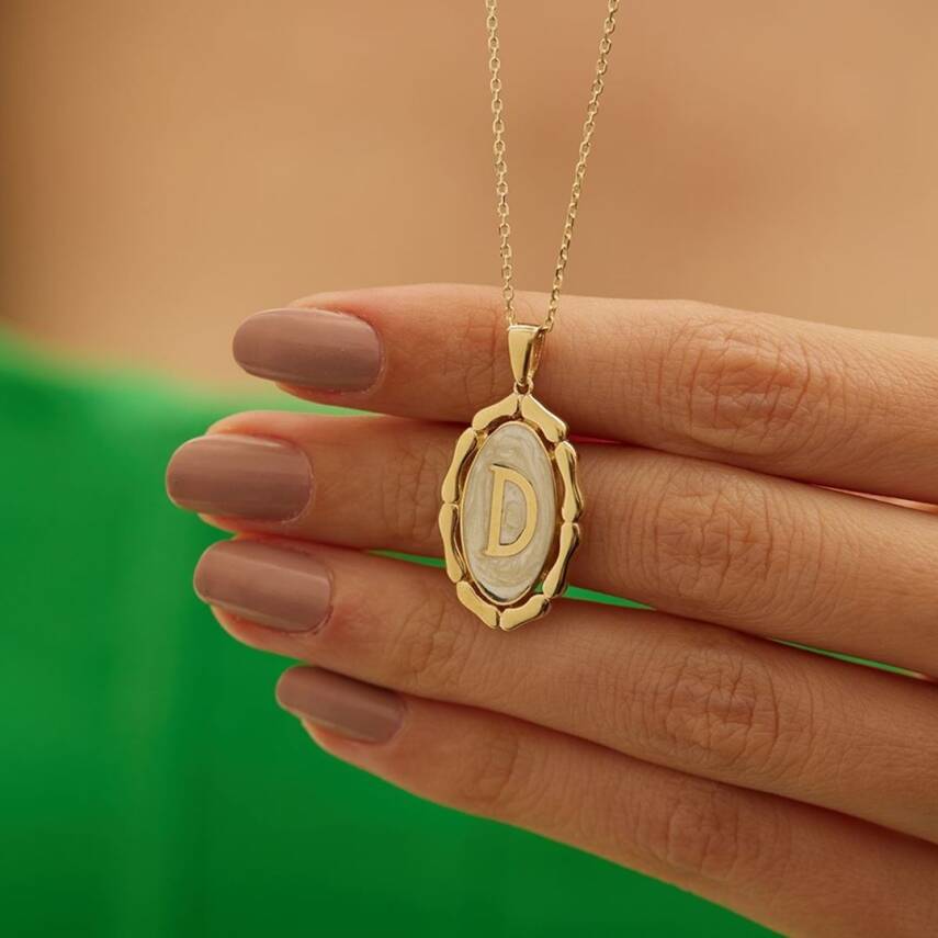 Beyaz Mineli Harf Altın Kolye - 6