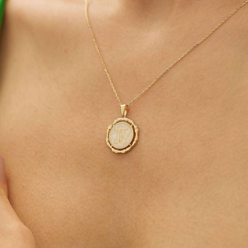 Beyaz Mineli İkizler Burcu Altın Kolye - 1