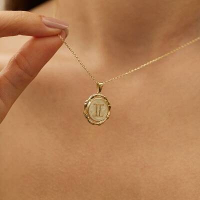 Beyaz Mineli İkizler Burcu Altın Kolye - 2