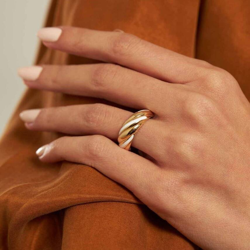 Beyaz Mineli İstiridye Altın Yüzük - 1