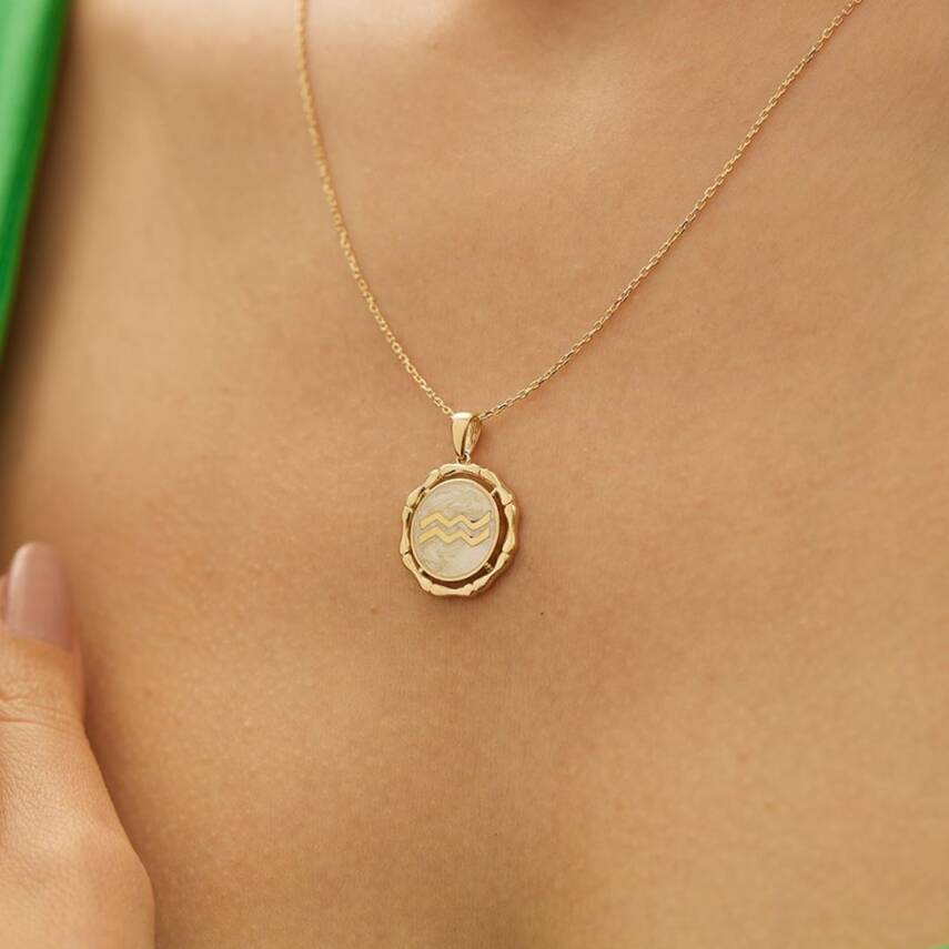 Beyaz Mineli Kova Burcu Altın Kolye - 1