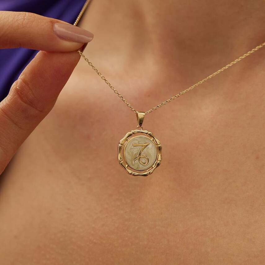 Beyaz Mineli Oğlak Burcu Altın Kolye - 2