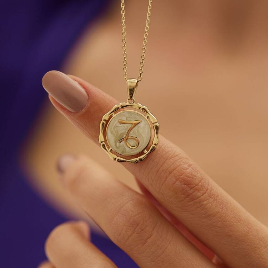 Beyaz Mineli Oğlak Burcu Altın Kolye - 3