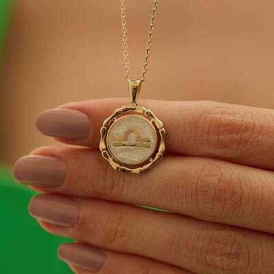 Beyaz Mineli Terazi Burcu Altın Kolye - 2