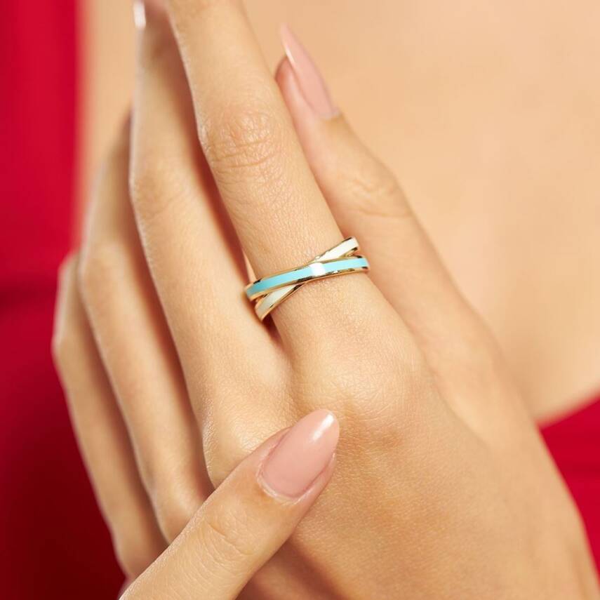 Beyaz Ve Mavi Mineli CETAŞ Sarmal Altın Yüzük - 1