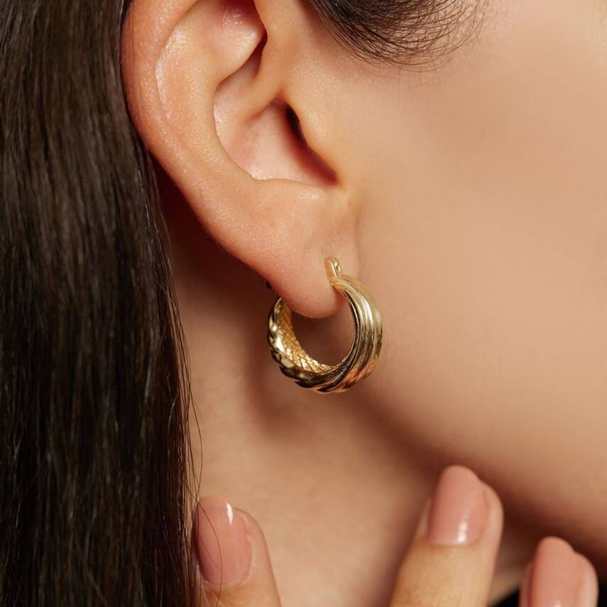 Bombeli İstiridye Halka Altın Küpe - 2