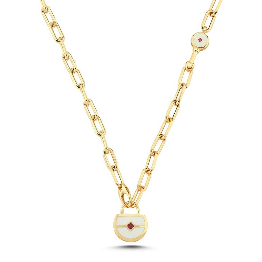 Cetaş Sarı Altın Açılır-Kapanır Beyaz Fosforlu Mine Kilitli Dilek Kolyesi - CETAŞ