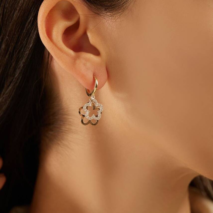 Çiçek Sallantılı Halka Altın Küpe - 1