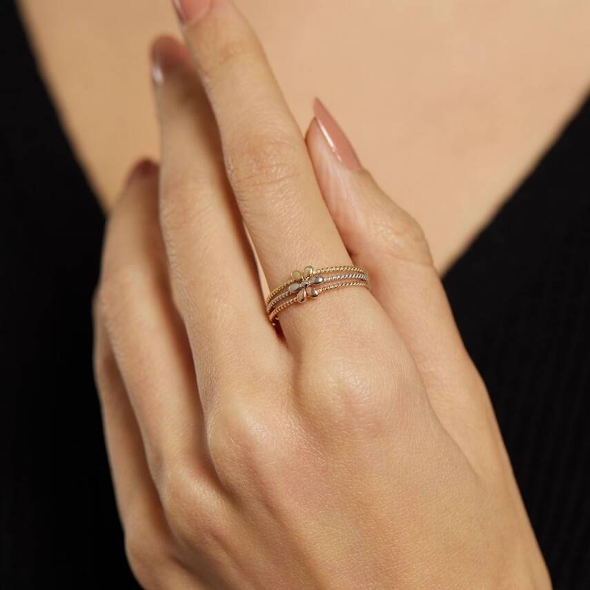 Çiçekli Üç Renk Şeritli Altın Yüzük - Semih Haşhaş Kuyumculuk