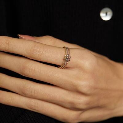 Çiçekli Üç Renk Şeritli Altın Yüzük - 2