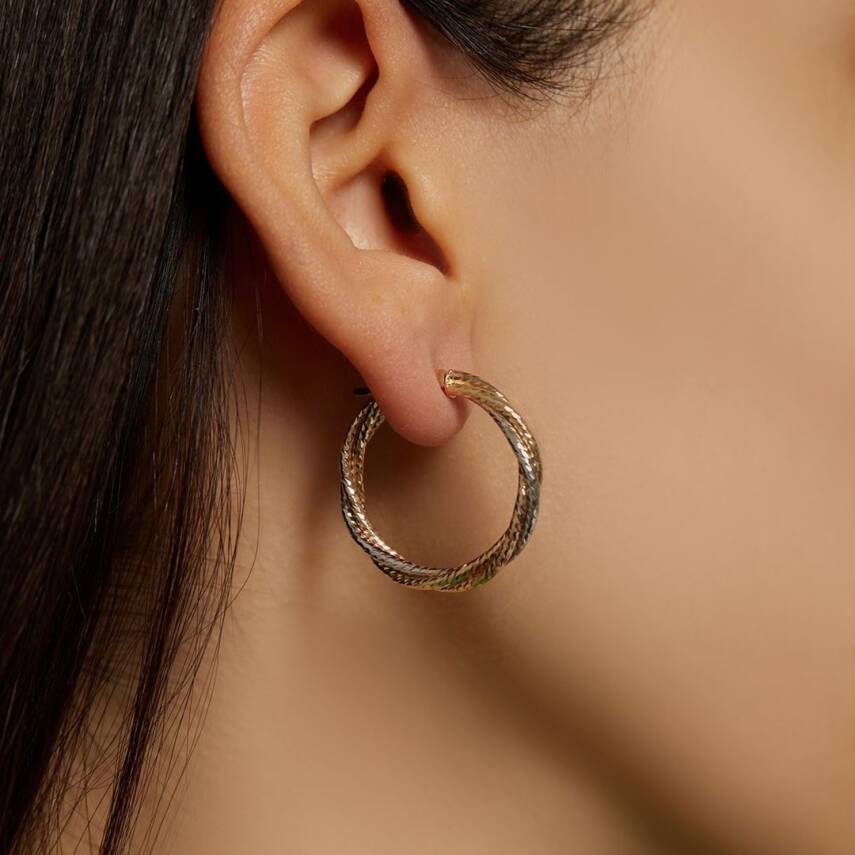 Çift Renk Burma Halka Altın Küpe - 1