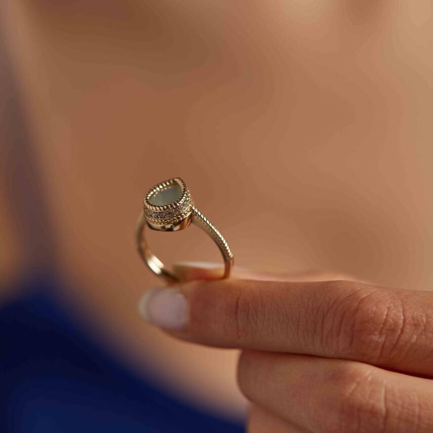 Desenli Mint Yeşili Damla Baget Altın Yüzük - 2