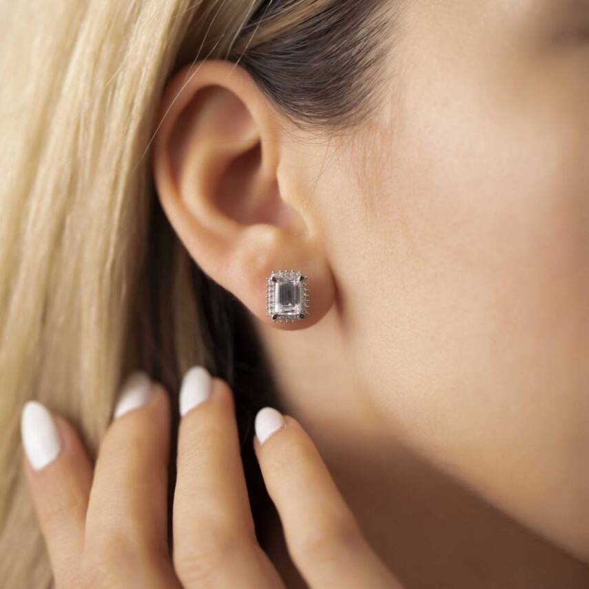 Dikdörtgen Baget Taşlı Beyaz Altın Küpe - Semih Haşhaş Kuyumculuk