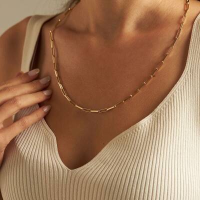 Dikdörtgen Zincir Tasarımlı Altın Kolye 65 Cm - 3