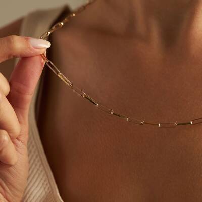 Dikdörtgen Zincir Tasarımlı Altın Kolye 65 Cm - 4