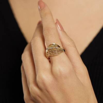 Dorikalı Desenli Altın Tasarım Yüzük - 1