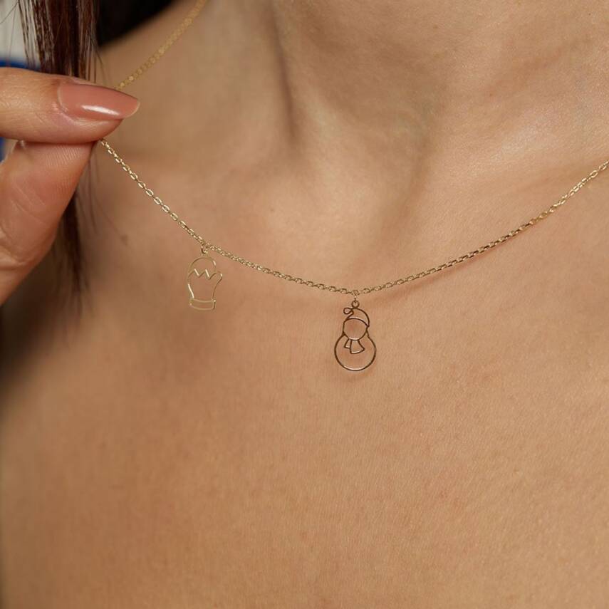 Eldiven Ve Kardan Adam Sallantılı Altın Kolye - 1