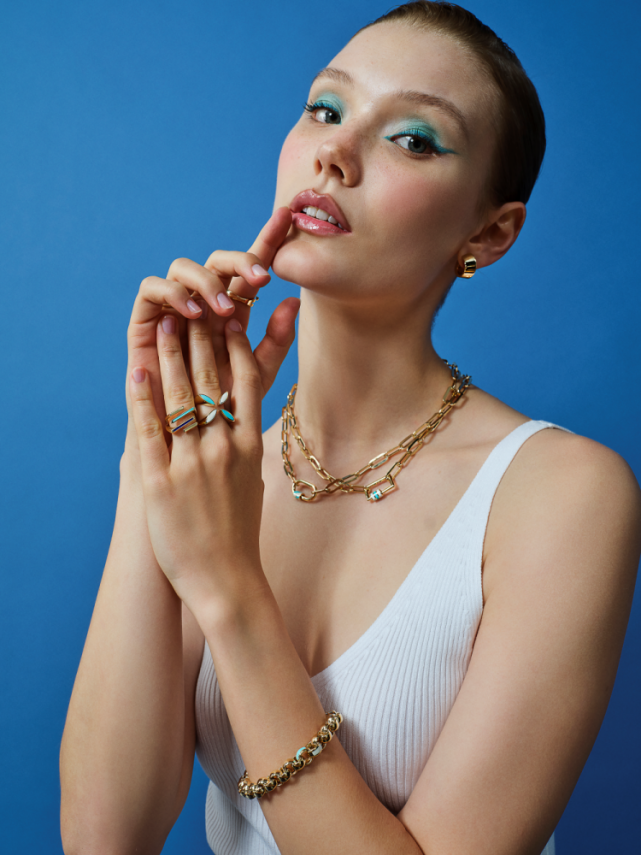 Eterna Mavi-Beyaz Mineli Taşlı Zincir Cetaş Altın Bileklik - Cetaş (1)