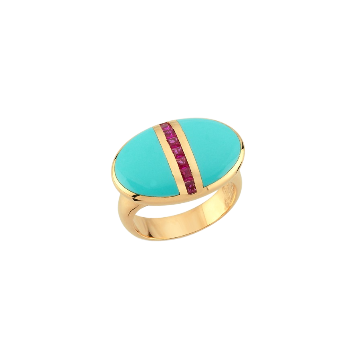 Eterna Mavi Mineli Magenta Taşlı Oval Cetaş Altın Yüzük - Cetaş 