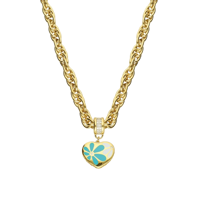 Eterna Turkuaz-Beyaz Mineli Kalpli Taşlı Cetaş Altın Kolye - Cetaş 