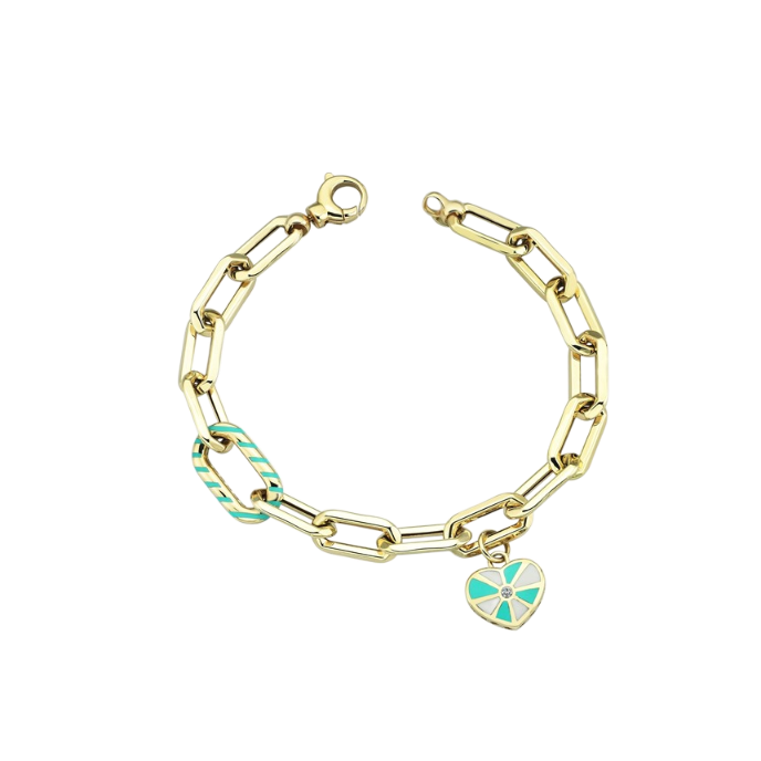 Eterna Turkuaz-Beyaz Mineli Kalpli Zincir Cetaş Altın Bileklik - Cetaş 
