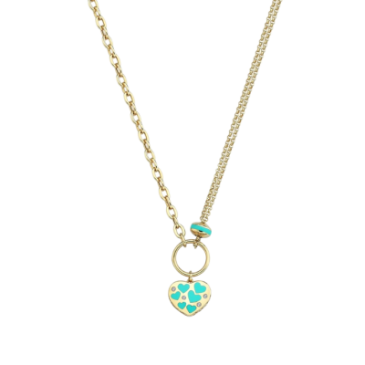 Eterna Turkuaz Mineli İkili Zincir Kalp Cetaş Altın Kolye - 1