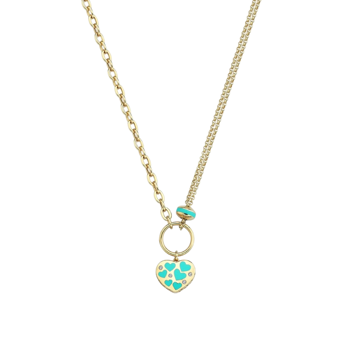 Eterna Turkuaz Mineli İkili Zincir Kalp Cetaş Altın Kolye - Cetaş 
