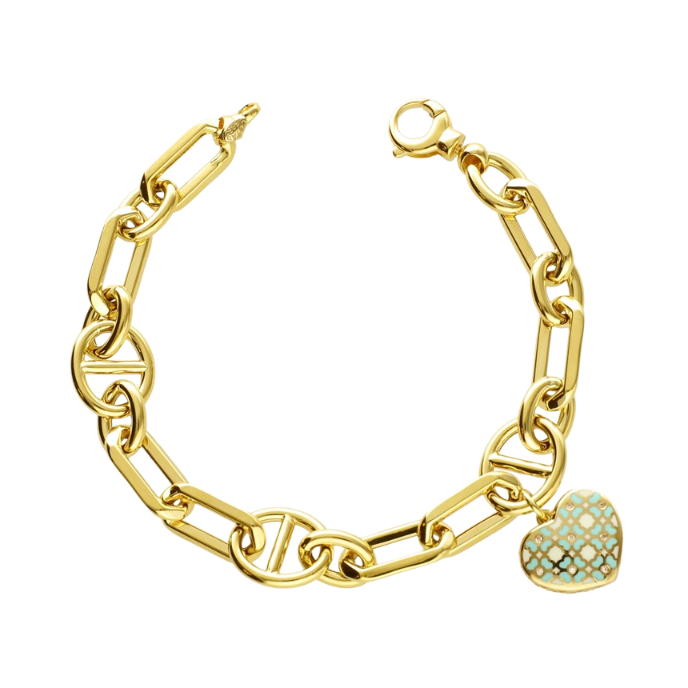 Eterna Turkuaz Mineli Kalpli Zincir Cetaş Altın Bileklik - Cetaş 