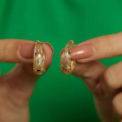 Etnik Desenli Halka Altın Küpe - 2