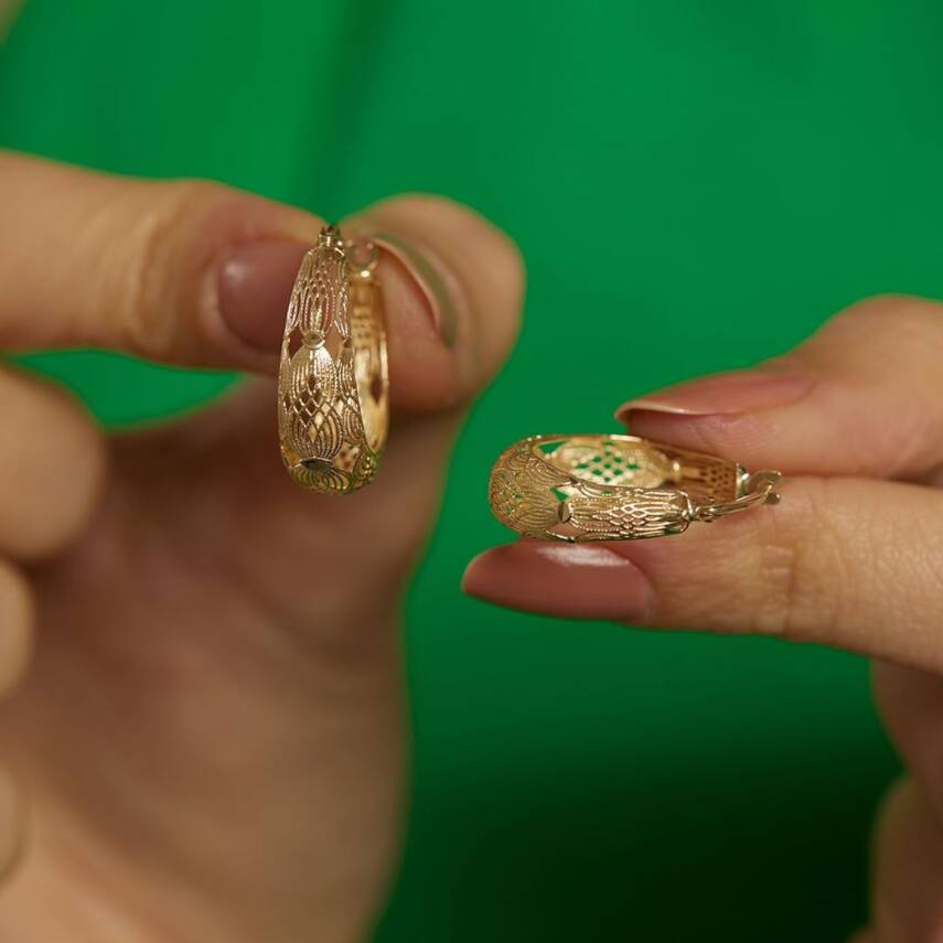 Etnik Desenli Halka Altın Küpe - 3