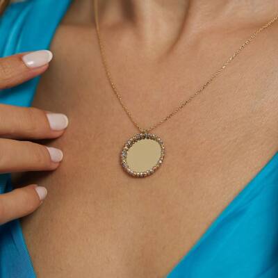 Etrafı Dorika Dizili Plaka Altın Kolye - 1