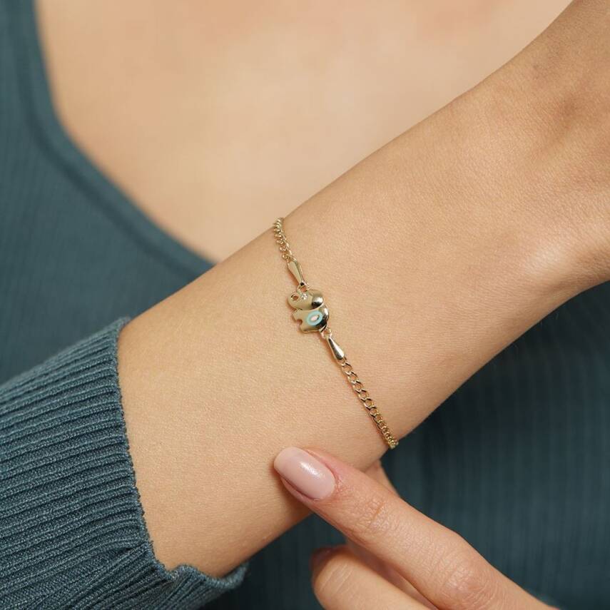 Fil Figürlü Turkuaz Nazarlı Altın Zincir Bileklik - 2