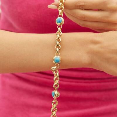 Firuze Taşlı İri Doç Zincir Altın Bileklik - 1