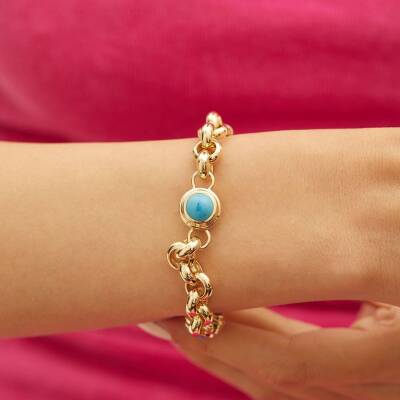Firuze Taşlı İri Doç Zincir Altın Bileklik - 2